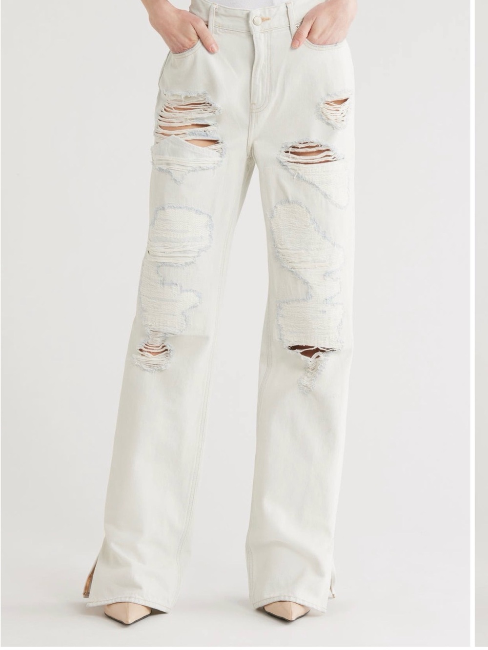 Good American Cream Distressed High-Rise Wide-Leg Jeans